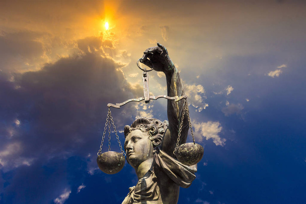 Statue of Lady Justice in front of the Romer in Frankfurt - Germany - Photo, Image