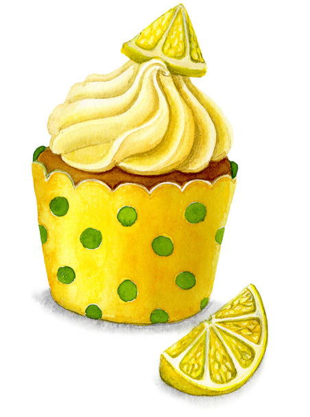 Hand-drawn watercolor Illustration of lemon cupcake isolated on white background - Фото, изображение