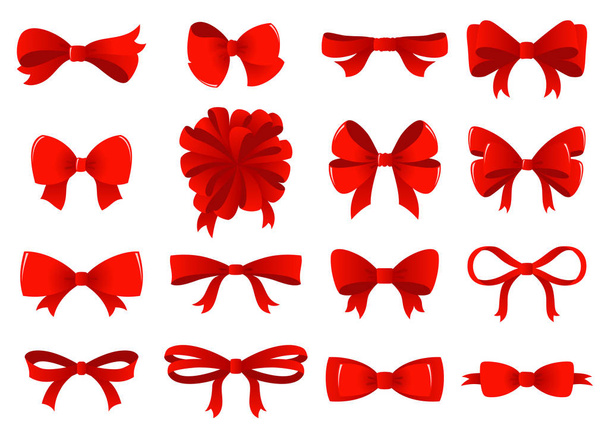 Big set of red gift bows with ribbons. Vector illustration - Vector, Image