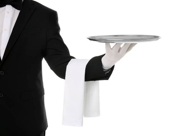 Waiter holding metal tray on white background, closeup - Foto, Imagem