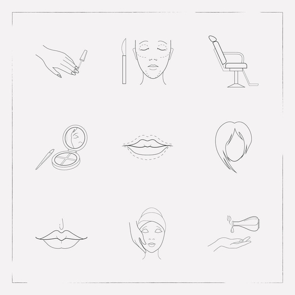 Set of fashion icons line style symbols with lips augmentation, face surgery, massage oil and other icons for your web mobile app logo design. - Vector, Image