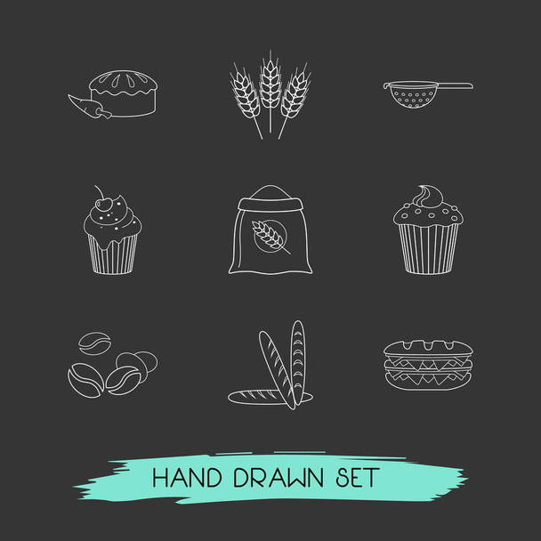 小麦粉の袋とデザート アイコン ライン スタイル シンボルの設定、web モバイル アプリのロゴのアイコンをダブル サンドイッチ、バゲットをデザインします。. - ベクター画像