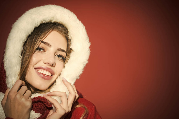 Christmas woman in red hood, copy space. - Fotó, kép