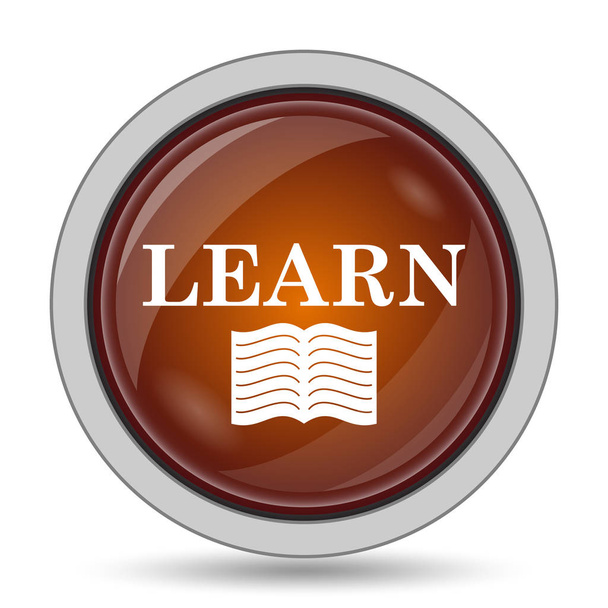 Aprender icono, botón naranja sitio web sobre fondo blanco
 - Foto, Imagen