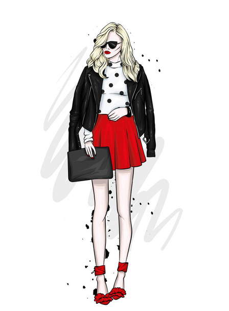 A beautiful girl with long hair in glasses, a jacket, a skirt and boots with heels. Vector illustration for a postcard or a poster, print for clothes. Fashion and Style. Fashionable look. - ベクター画像