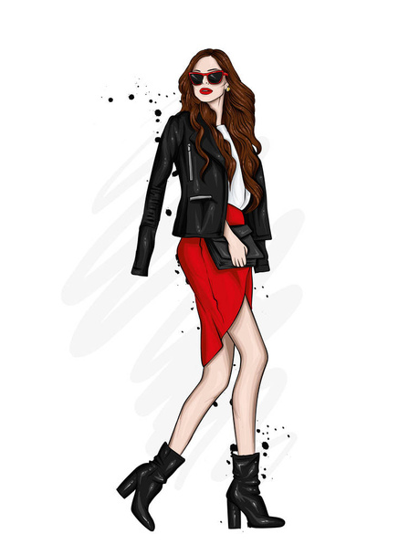 A beautiful girl with long hair in glasses, a jacket, a skirt and boots with heels. Vector illustration for a postcard or a poster, print for clothes. Fashion and Style. Fashionable look. - Vektor, obrázek