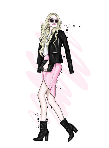 A beautiful girl with long hair in glasses, a jacket, a skirt and boots with heels. Vector illustration for a postcard or a poster, print for clothes. Fashion and Style. Fashionable look. - Vektor, obrázek