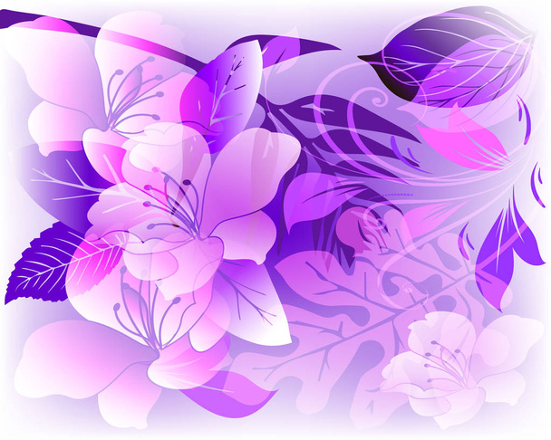 Λαμπερό κομψότητα floral διάνυσμα πρότυπο πίνακα. Διακοσμητικά αφηρημένη πορφυρό χρώμα βιολετί ροζ ρομαντικό υπόβαθρο. Διαφανή όμορφα λουλούδια, φύλλα, στροβιλισμού γραμμές, κλαδιά. Σχεδιασμός για ταπετσαρίες - Διάνυσμα, εικόνα