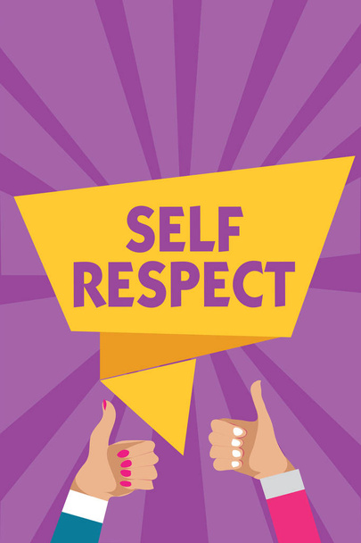 Text sign showing Self Respect. Conceptual photo Pride and confidence in oneself Stand up for yourself Man woman hands thumbs up approval speech bubble origami rays background. - Photo, Image