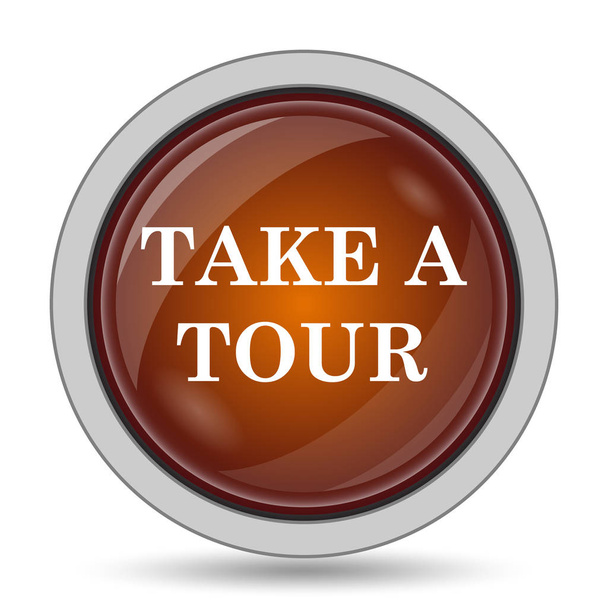白い背景の上ツアー アイコン、オレンジ色のウェブサイトのボタンを取る - 写真・画像