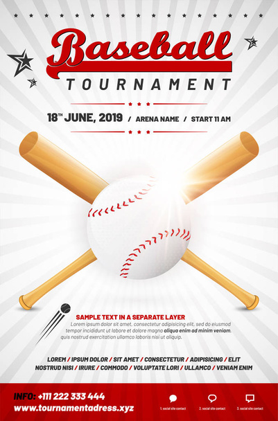 Modello di poster del torneo di baseball con palla e pipistrelli incrociati - testo di esempio in uno strato separato. Illustrazione vettoriale
. - Vettoriali, immagini