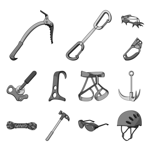 Mountaineering and climbing monochrome icons in set collection for design. Equipment and accessories vector symbol stock web illustration. - Wektor, obraz