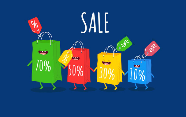 Funny shopping bags with discount in percent. Poster sale. Vector illustration. - Vector, Image