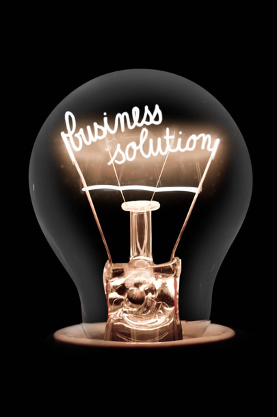 Photo of light bulb with shining fiber in BUSINESS SOLUTION shape isolated on black background - Photo, image