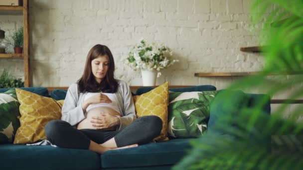 Beautiful pregnant lady is sitting on couch at home, looking at her belly and caressing it with love for her baby. Loving parents, pregnancy and apartments concept. - Кадри, відео