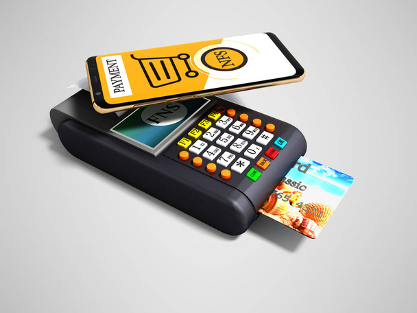 Moderní Nfs platby přes telefon na platební kartu Pos terminál s kreditní kartou uvnitř perspektivy zobrazit 3d vykreslení na šedém pozadí se stínem - Fotografie, Obrázek