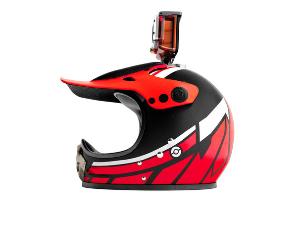 Modern red motorcycle helmet with red camera action left 3d render on white background no shadow - Photo, Image