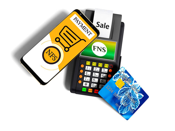 NFS ödeme yolu ile telefon ile kredi kartı üstten görünüm 3d render gölge beyaz zemin üzerine ödeme kartı Pos terminaline - Fotoğraf, Görsel