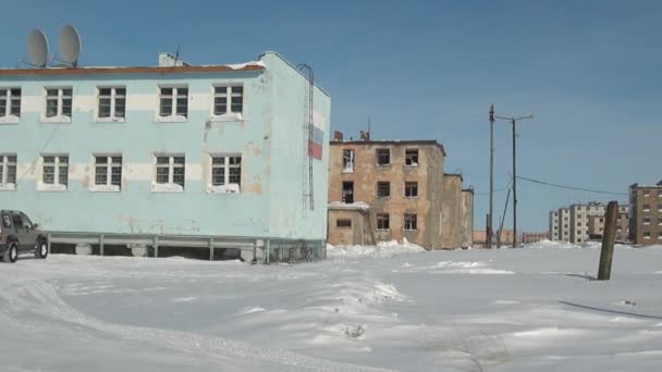 Abandoned house in city Coal Mines on Chukotka of far north of Russia. - Video