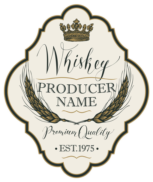 Vector label voor whiskey in het dacht frame met kroon, oren van gerst en handgeschreven inscriptie op lichte achtergrond in retro stijl - Vector, afbeelding