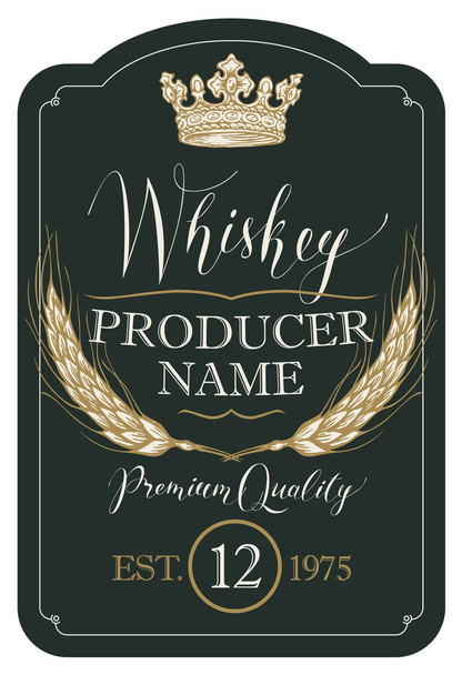 Vector label voor Premiumkwaliteit van de whisky in het dacht frame met kroon, oren van gerst en handgeschreven inscriptie op een zwarte achtergrond in retro stijl - Vector, afbeelding