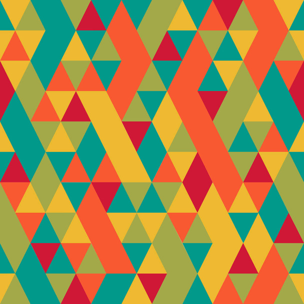 Kesintisiz renkli soyut üçgenler desen. Geometrik şekiller Retro arka plan. Parlak modern mozaik zemin. Vintage üçgen süsleme. Yaratıcı kapak, dekoratif desen. Vektör çizim. - Vektör, Görsel