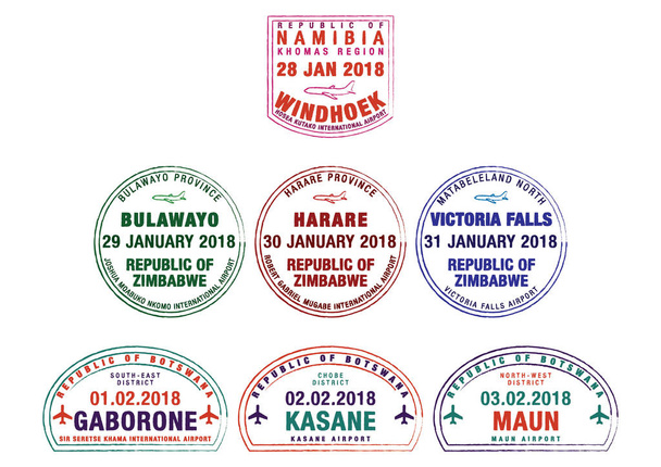 Reeks van gestileerde paspoort postzegels voor grote luchthavens van Namibië, Zimbabwe en Botswana in vector-formaat. - Vector, afbeelding
