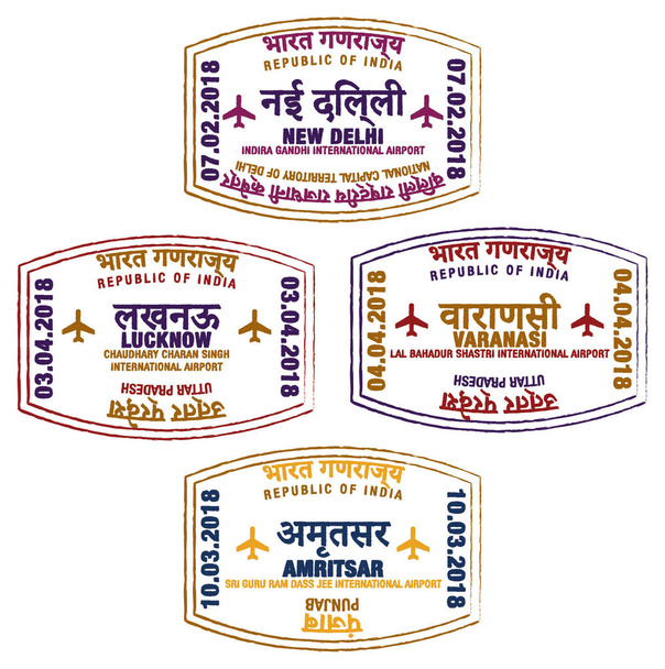 Série de timbres-passeport stylisés pour les principaux aéroports du nord de l'Inde en format vectoriel
. - Vecteur, image