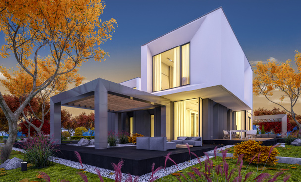 Satılık garaj ile bahçe veya arka plan üzerinde güzel ağaçlar ile kira modern rahat evde 3D render. Yumuşak ışık--dan pencere eşiği ile serin sonbahar akşam. - Fotoğraf, Görsel