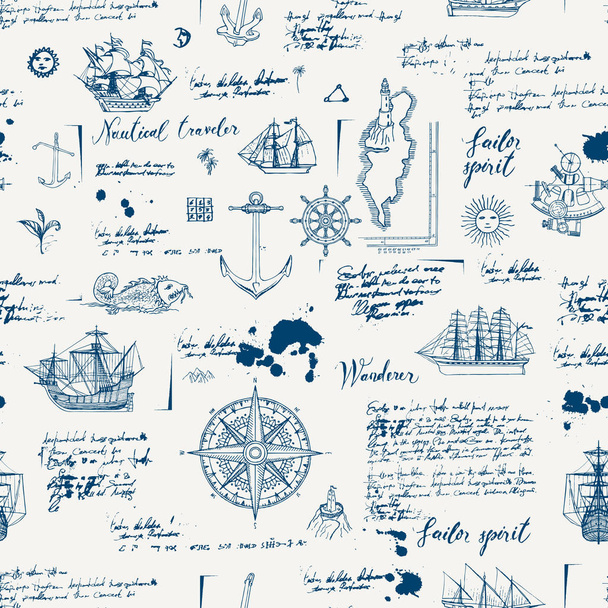 ベクトル旅行、冒険と発見をテーマに抽象的なシームレスな背景。キャラベル海、風配図、アンカーの他の海事のシンボルと古い原稿は、ビンテージ スタイルの汚れやしみ - ベクター画像