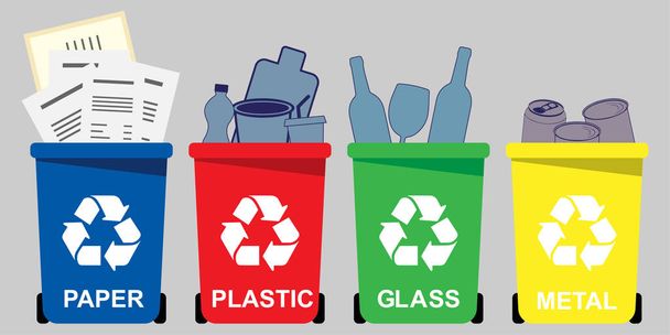 vier selektive Abfallbehälter für Papier, Kunststoff, Glas, Metall - Vektor, Bild