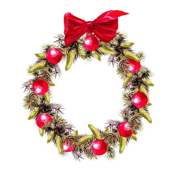 Corona redonda marco de Navidad de ramas de abeto y adornos, postal, acuarela ilustración. - Foto, Imagen
