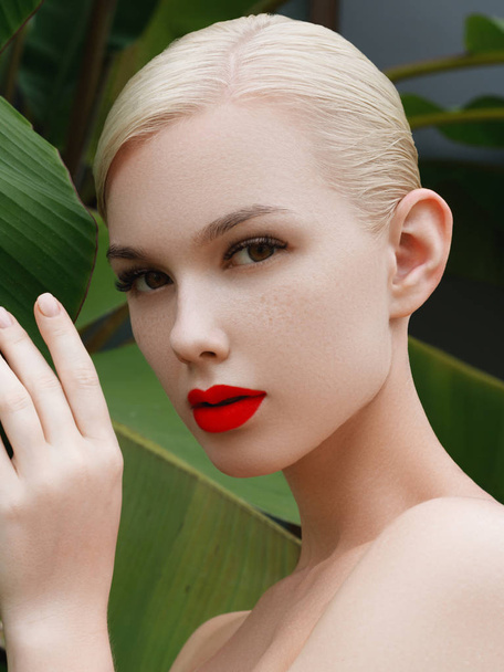 Cosmetics, makeup and trends. Bright lip gloss and lipstick on lips. Closeup of beautiful female face with red lip makeup. Beautiful part of female face. Perfect clean skin in red light - Photo, Image