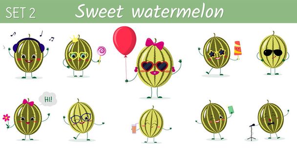 A set of ten cute watermelon characters in different poses and accessories in cartoon style. Vector illustration, a flat design. - Вектор,изображение