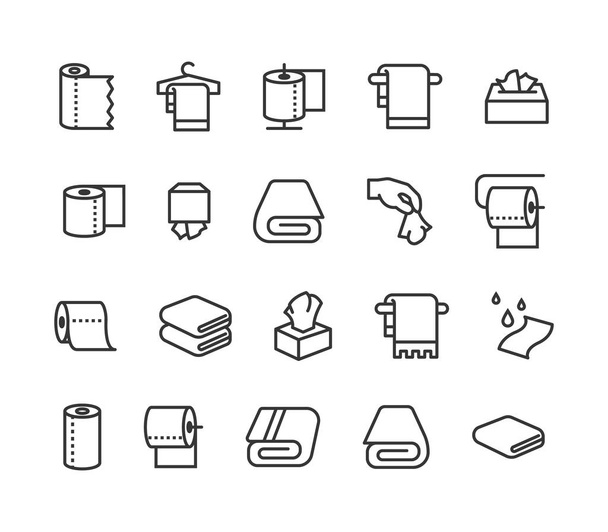 Set simple de toallas y servilletas relacionadas con los iconos de la línea vectorial. Contiene iconos como toalla húmeda, dispensador sanitario, papel higiénico y más. Trazo Editable. 48x48 píxeles perfecto
. - Vector, Imagen
