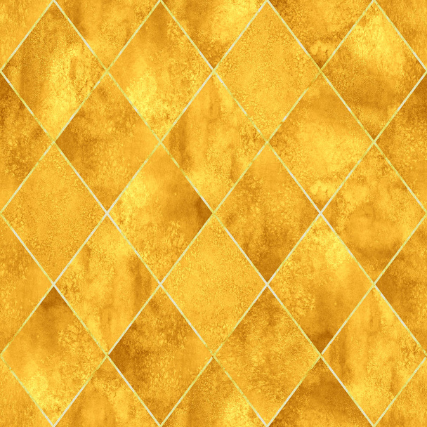 Aquarela argyle abstrato ouro amarelo geométrico xadrez padrão sem costura com contorno de linha de brilho de ouro. Aquarela mão desenhado luxo brilhante fundo textura. Impressão para têxteis, papel de parede, embalagem
. - Foto, Imagem
