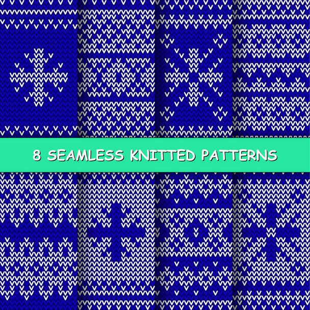 Set with seamless winter patterns. Blue and white knitted christmas backgrounds in scandinavian style. Vector - Vector, Image