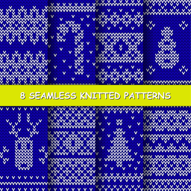 Állítsa be a zavartalan téli mintázatú. Kék és fehér kötött karácsonyi háttér a skandináv stílusban. Vektor - Vektor, kép