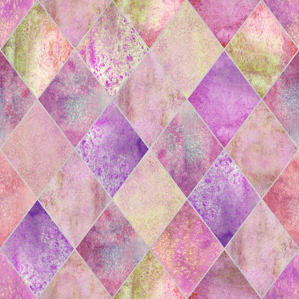 Watercolor argyle abstrato geométrico xadrez sem costura padrão com contorno brilho prata. Aquarela mão desenhado colorido fundo rosa. Textura brilhante de luxo. Impressão para embalagem de papel de parede têxtil
 - Foto, Imagem