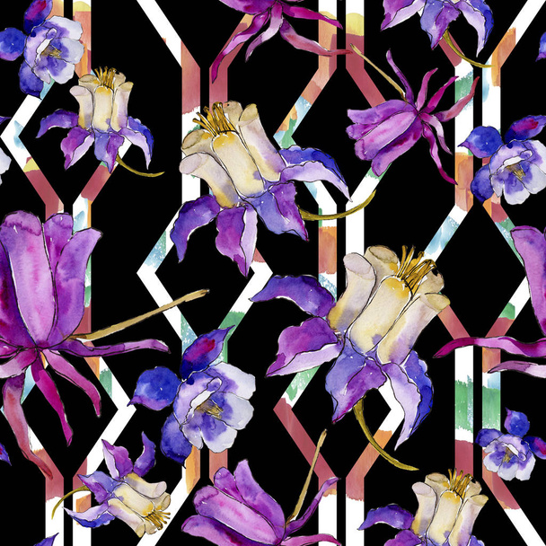 Watercolor blue aquilegia flower. Seamless background pattern. Fabric wallpaper print texture. Aquarelle wildflower for background, texture, wrapper pattern, frame or border. - Fotografie, Obrázek