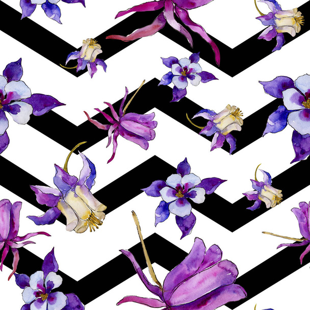 Watercolor blue aquilegia flower. Seamless background pattern. Fabric wallpaper print texture. Aquarelle wildflower for background, texture, wrapper pattern, frame or border. - Foto, Imagen
