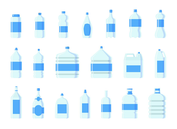 Plastová láhev na vodu vektor prázdné přírody modrá čisté kapaliny aqua tekutin prázdná šablona silueta šablona ilustrace. Sada lahví - Vektor, obrázek