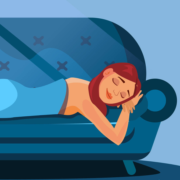 Sleeping Beautiful Woman Vector. Healthy Sleep. Night Bedroom. Flat Cartoon Illustration - Vector, Image