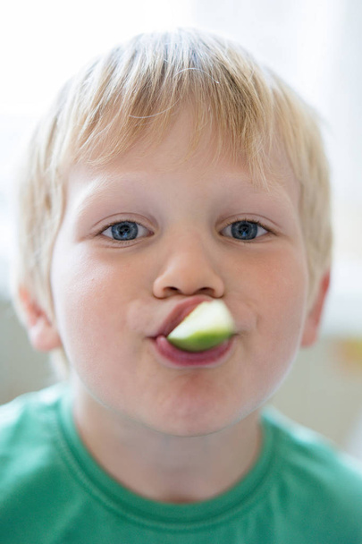 çocuklar için-sağlıklı gıda ağzında taze salatalık ile küçük bir çocuk portresi - Fotoğraf, Görsel