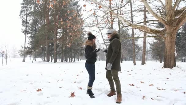 Egy fiatal srác és egy lány öltözött meleg téli ruhát, élvezze a jelen egymással egy havas téli parkban - Felvétel, videó