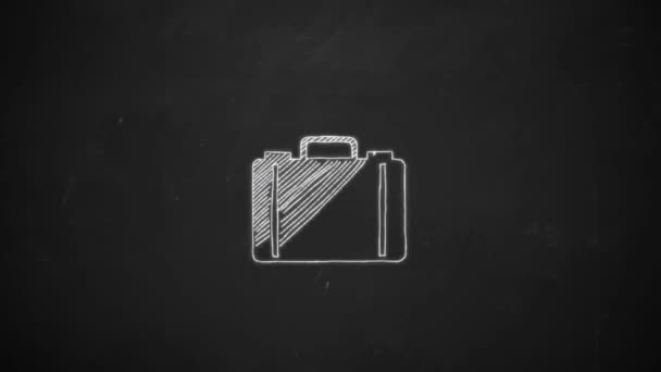 hand drawing line art showing suitcase symbol with white chalk on blackboard - Footage, Video