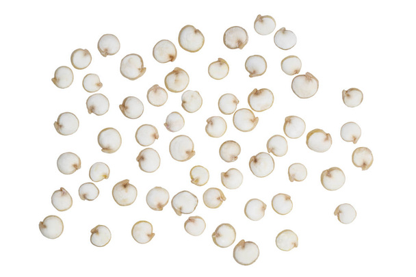 Primo piano dei semi di quinoa visti dall'alto sparsi e isolati su fondo bianco
 - Foto, immagini