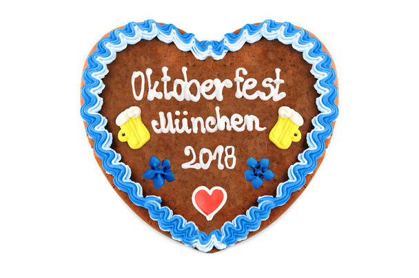 Oktoberfest Muenchen 2018 Piernik serce (engl. Października festiwalu Munich) z białego na białym tle (Niemcy). - Zdjęcie, obraz