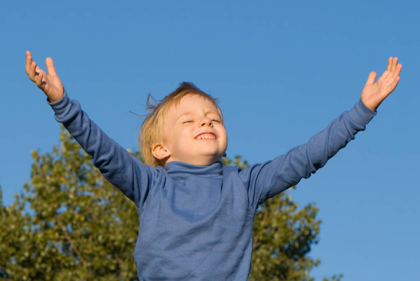 little boy with open hands raised up on blue sky background  - Foto, Bild