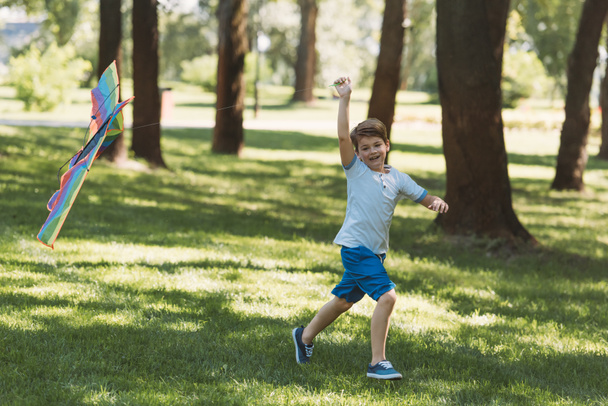 adorable happy boy holding colorful kite and running on grass in park - Foto, Imagem